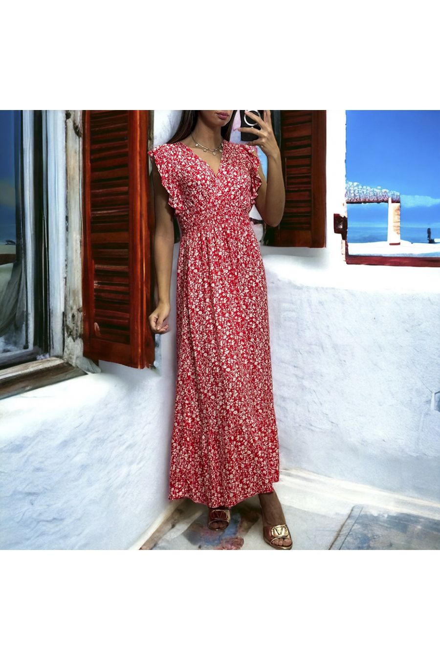 Long red liberty dress gathered at the waist - 1