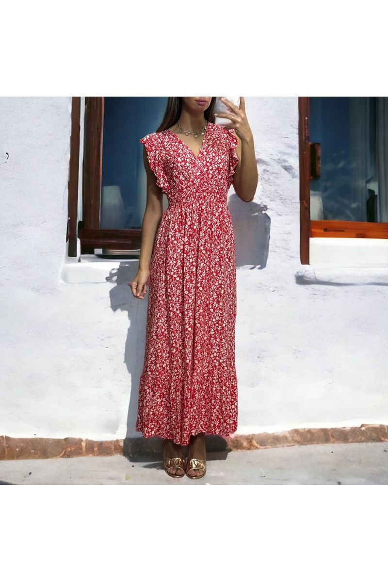 Longue robe liberty rouge froncé à la taille - 2