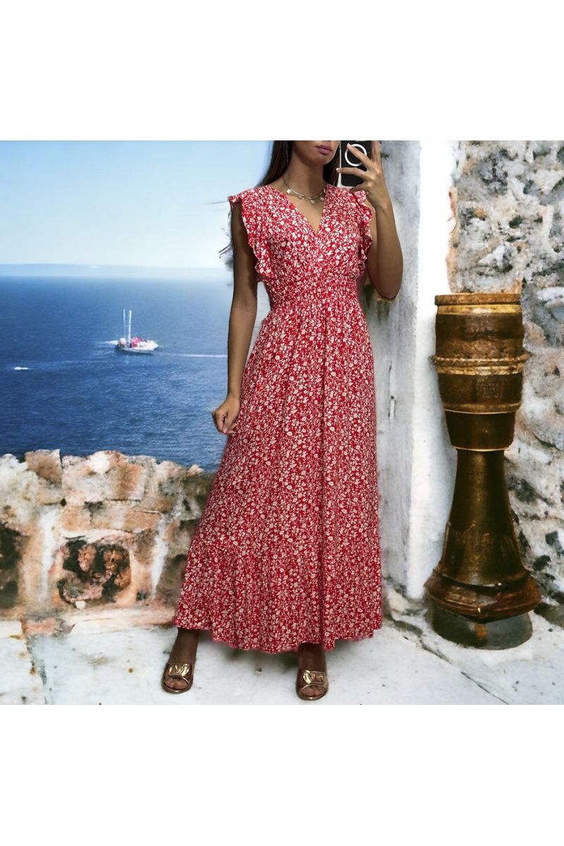 Long red liberty dress gathered at the waist - 3