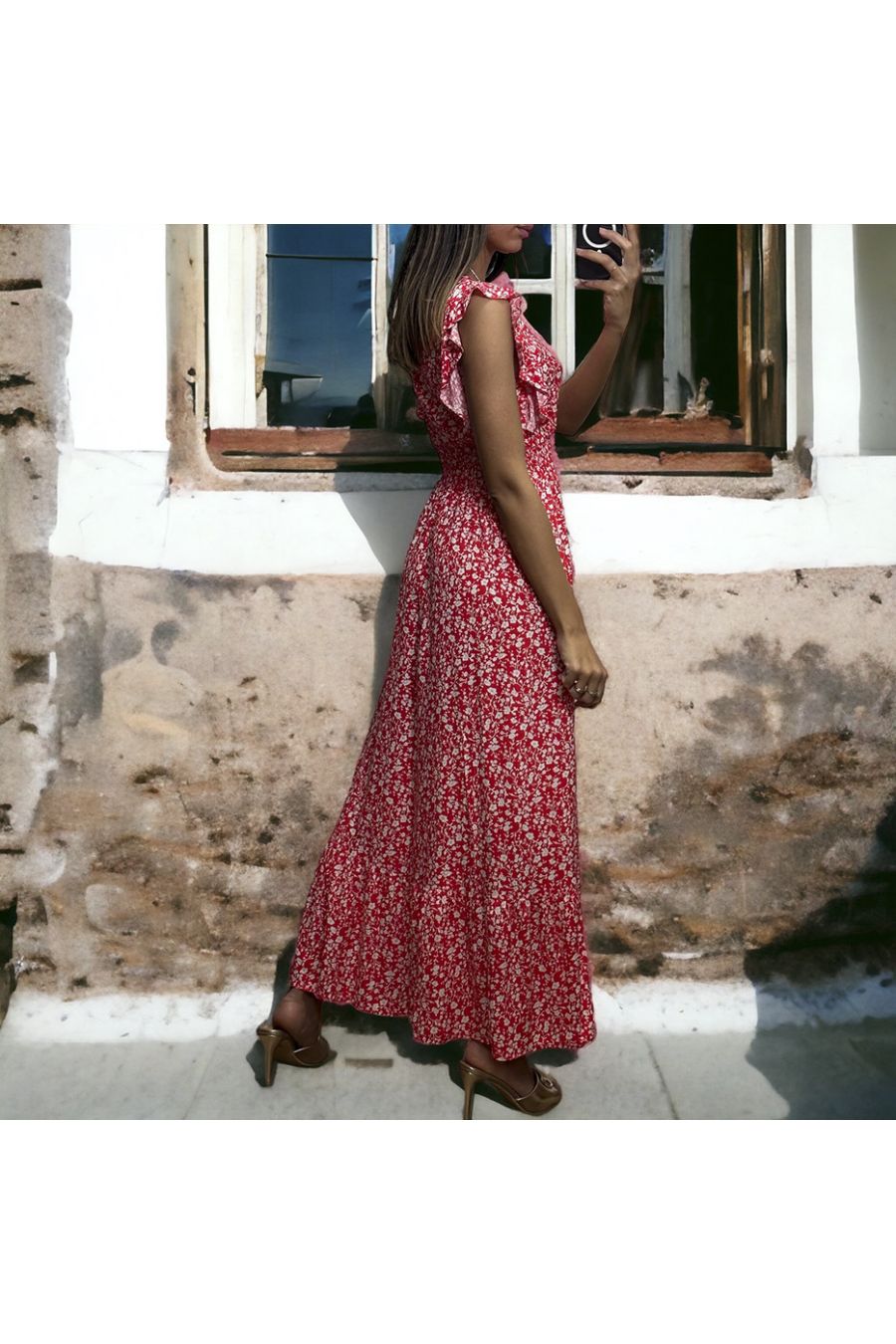 Long red liberty dress gathered at the waist - 4