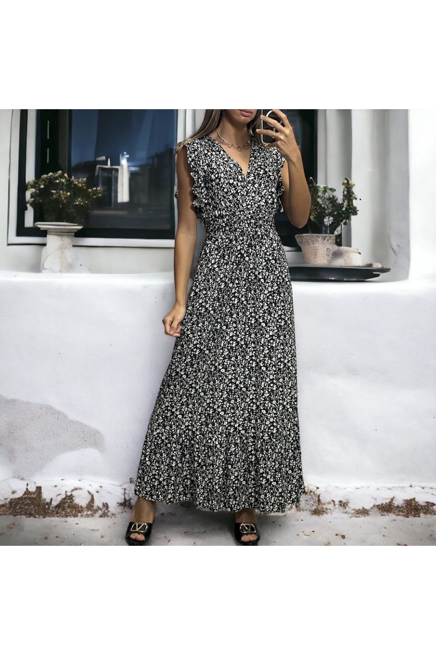 Longue robe liberty noir froncé à la taille - 2