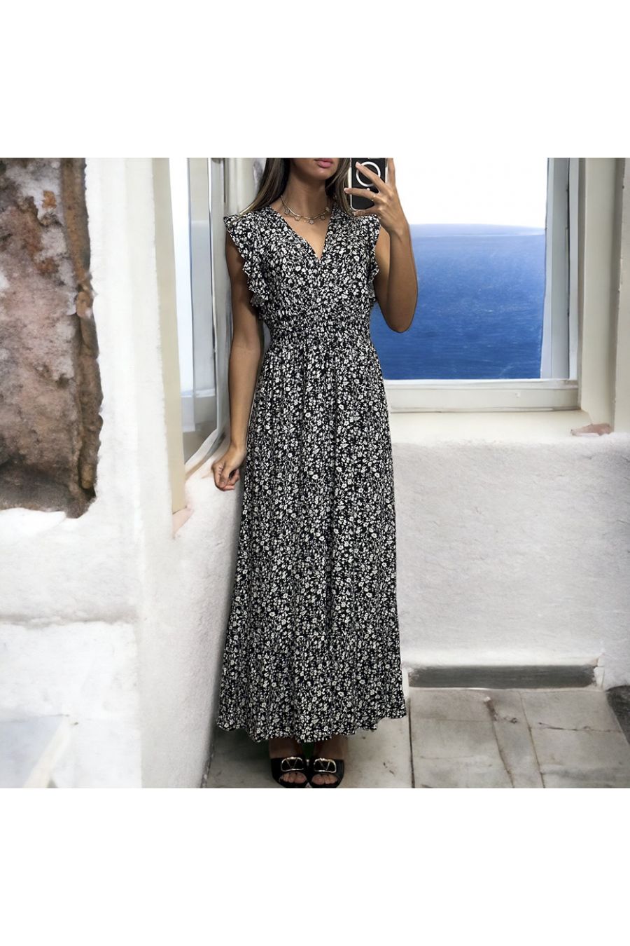 Long black liberty dress gathered at the waist - 3