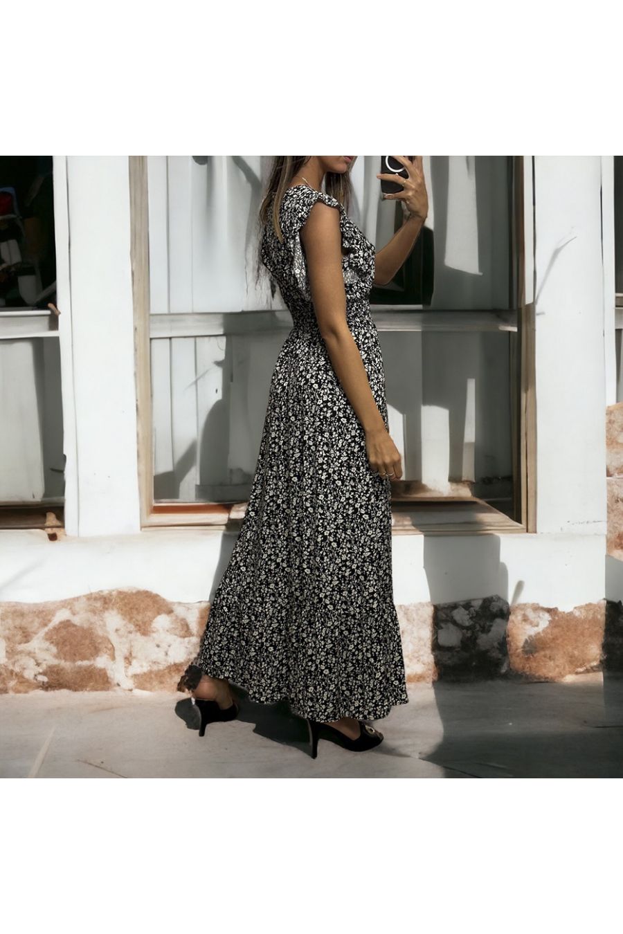 Long black liberty dress gathered at the waist - 4