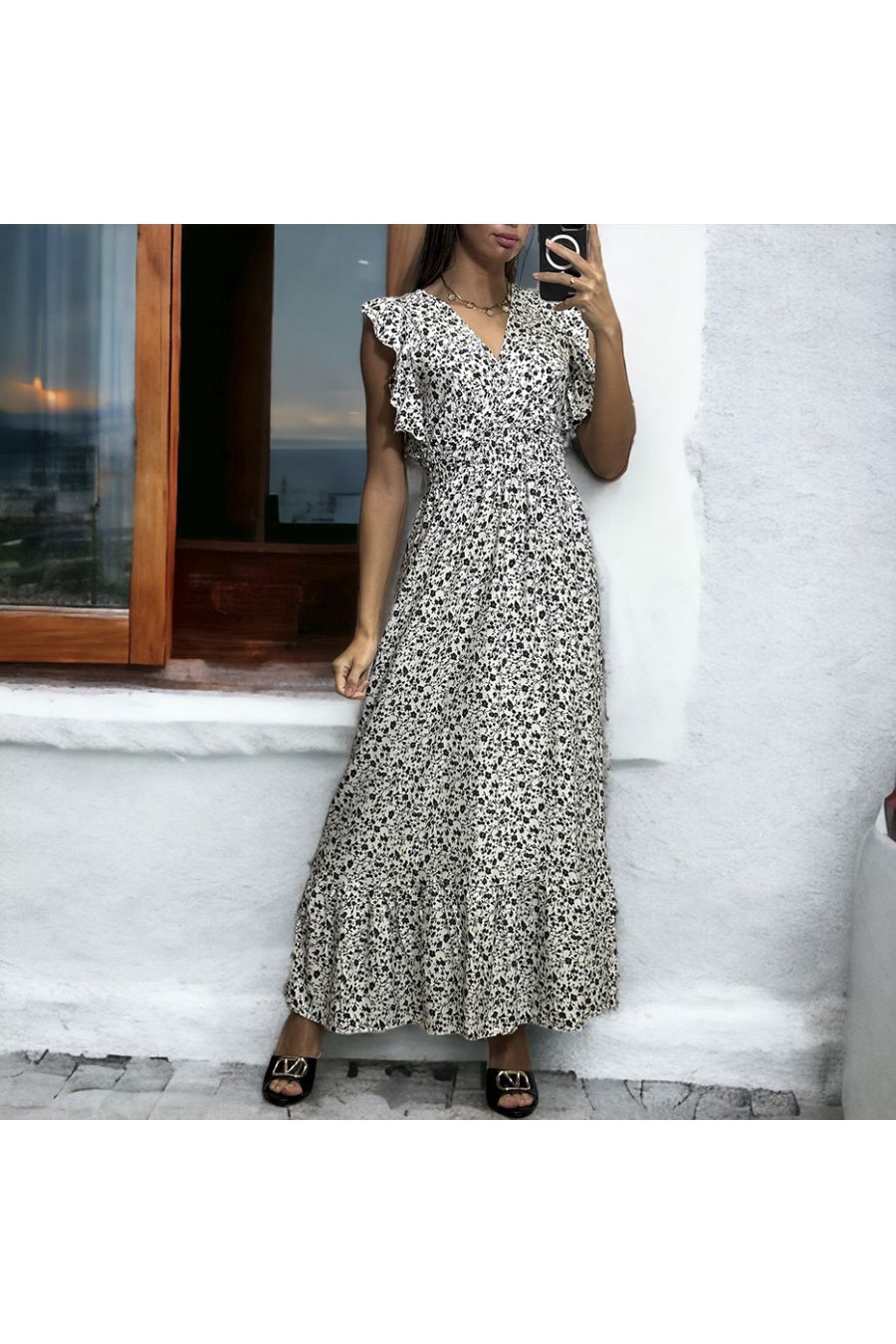 Longue robe liberty blanche froncé à la taille - 1