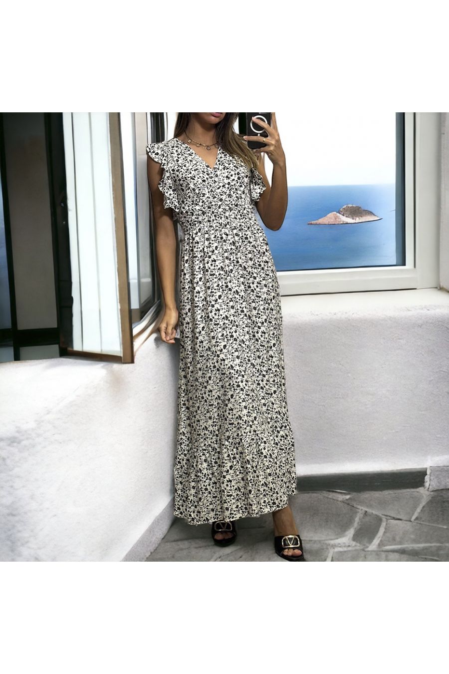 Longue robe liberty blanche froncé à la taille - 4