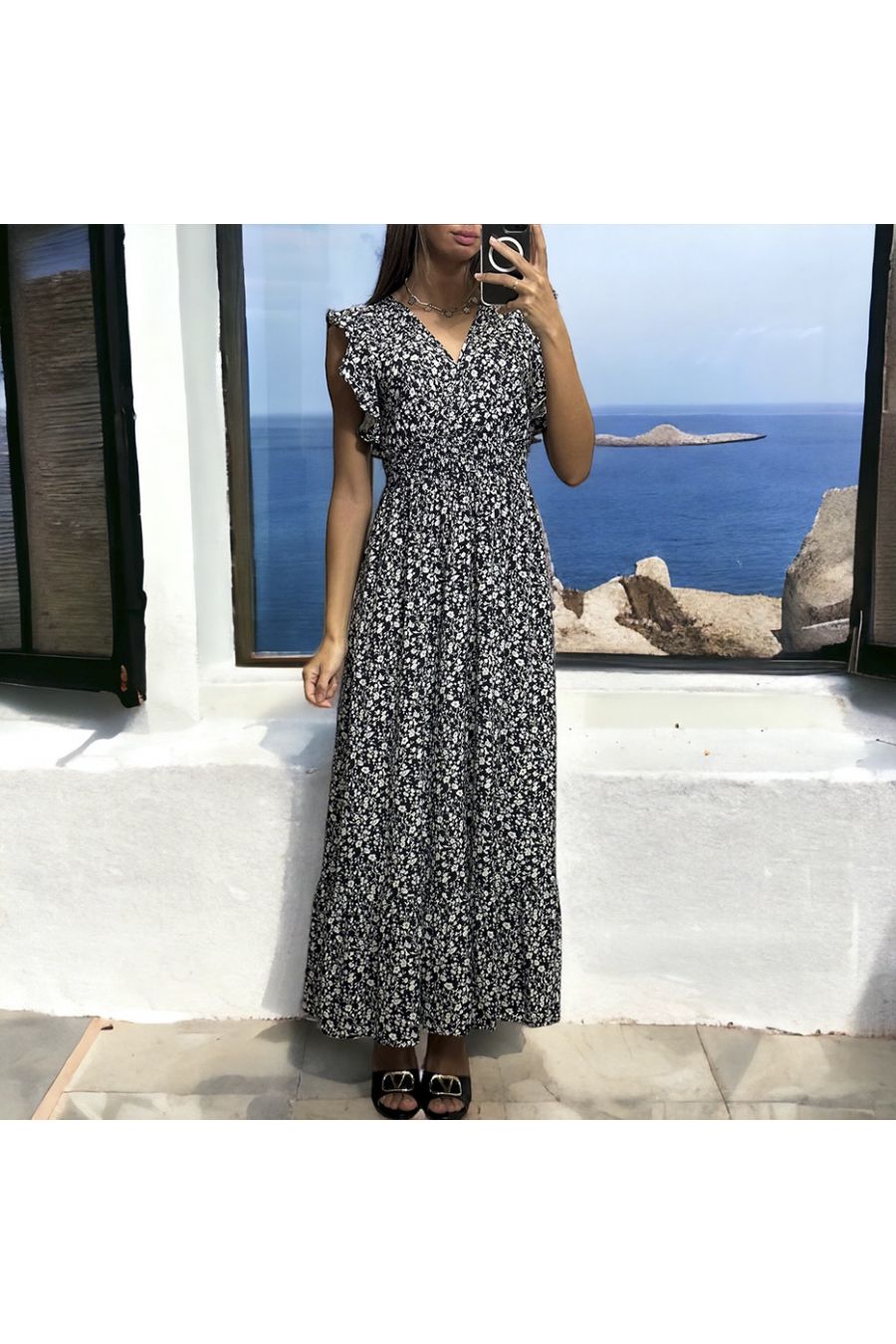 Long navy liberty dress gathered at the waist - 1