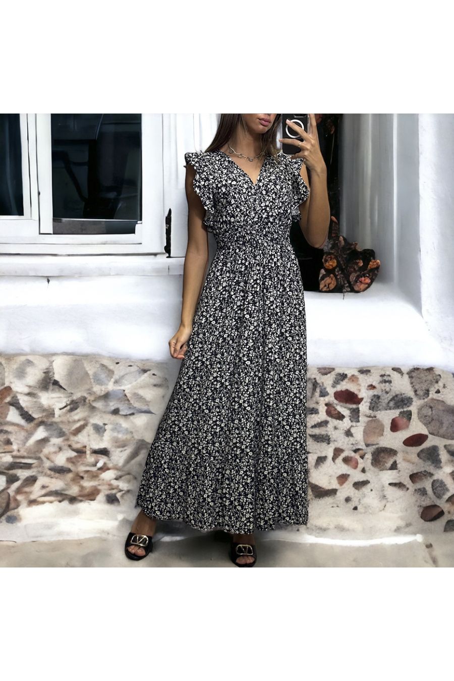 Long navy liberty dress gathered at the waist - 2