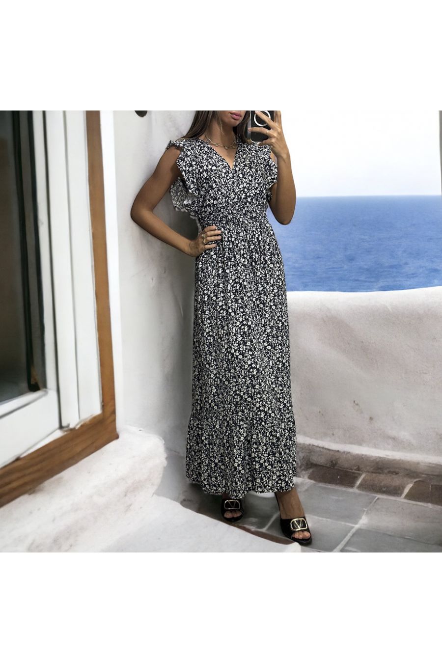 Longue robe liberty marine froncé à la taille - 3