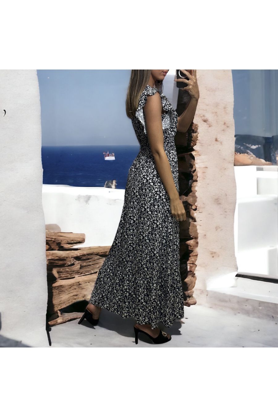 Long navy liberty dress gathered at the waist - 4