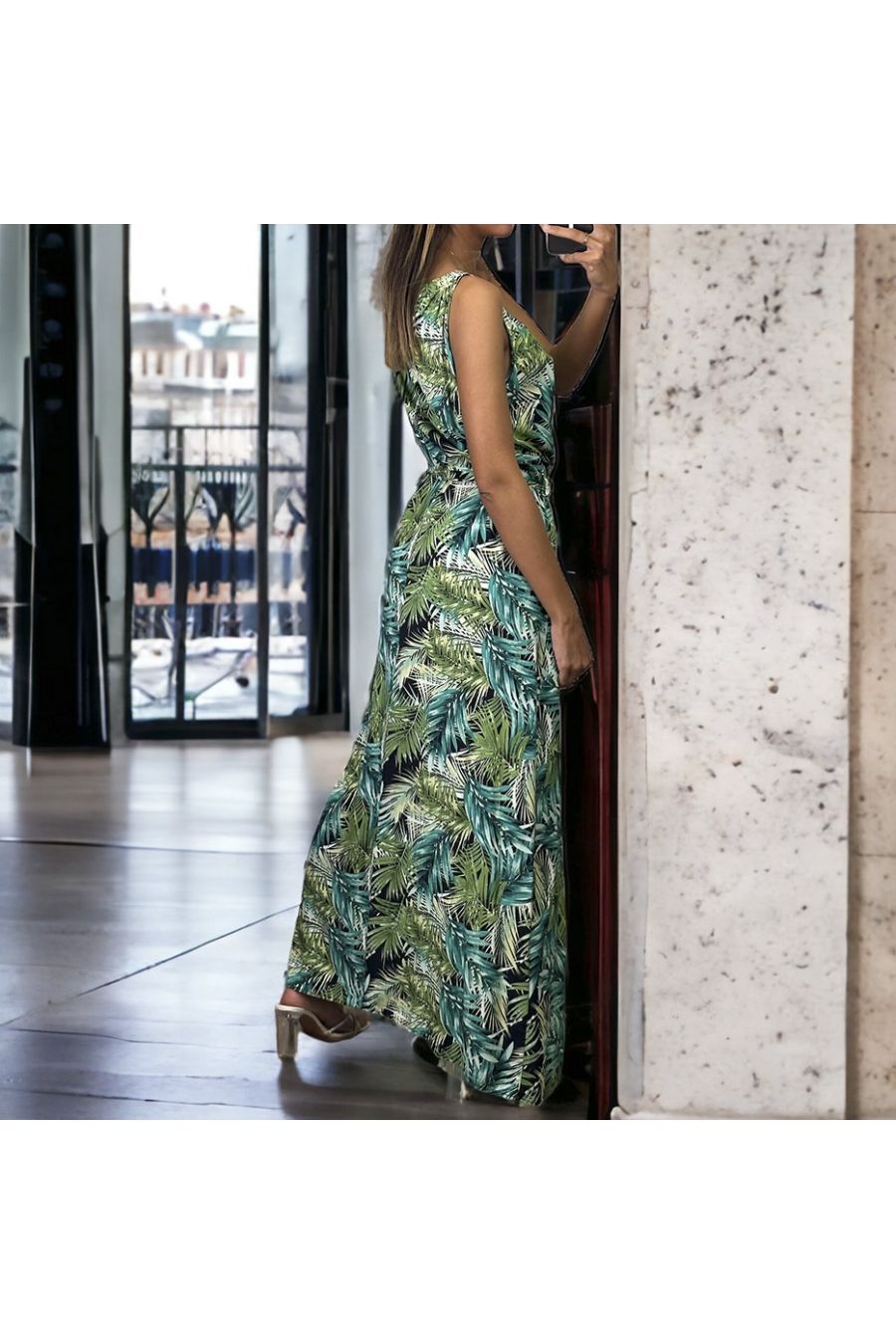 Long green leaf pattern dress with belt - 1