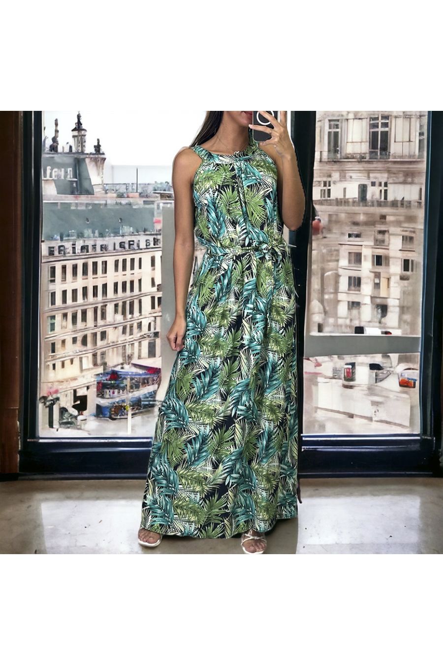 Longue robe motif feuille verte avec ceinture - 2