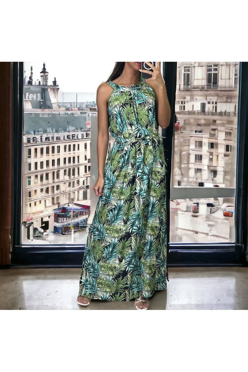 Longue robe motif feuille verte avec ceinture - 2