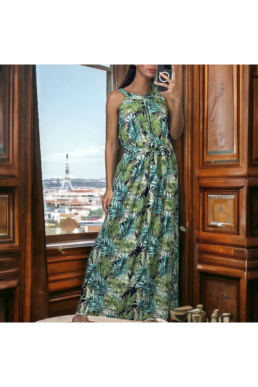 Long green leaf pattern dress with belt - 3