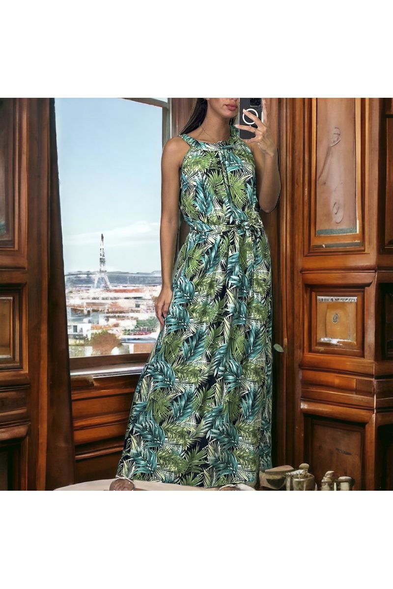 Longue robe motif feuille verte avec ceinture - 3