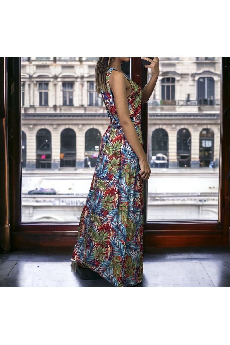 Long red leaf pattern dress with belt - 1