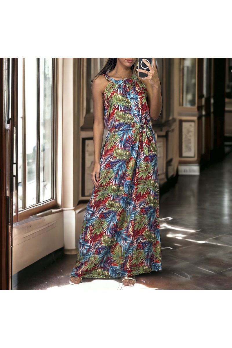 Longue robe motif feuille rouge avec ceinture - 2