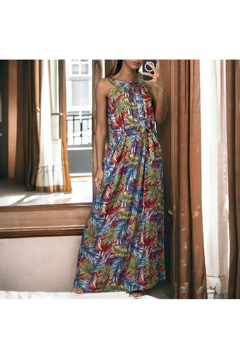 Long red leaf pattern dress with belt - 3