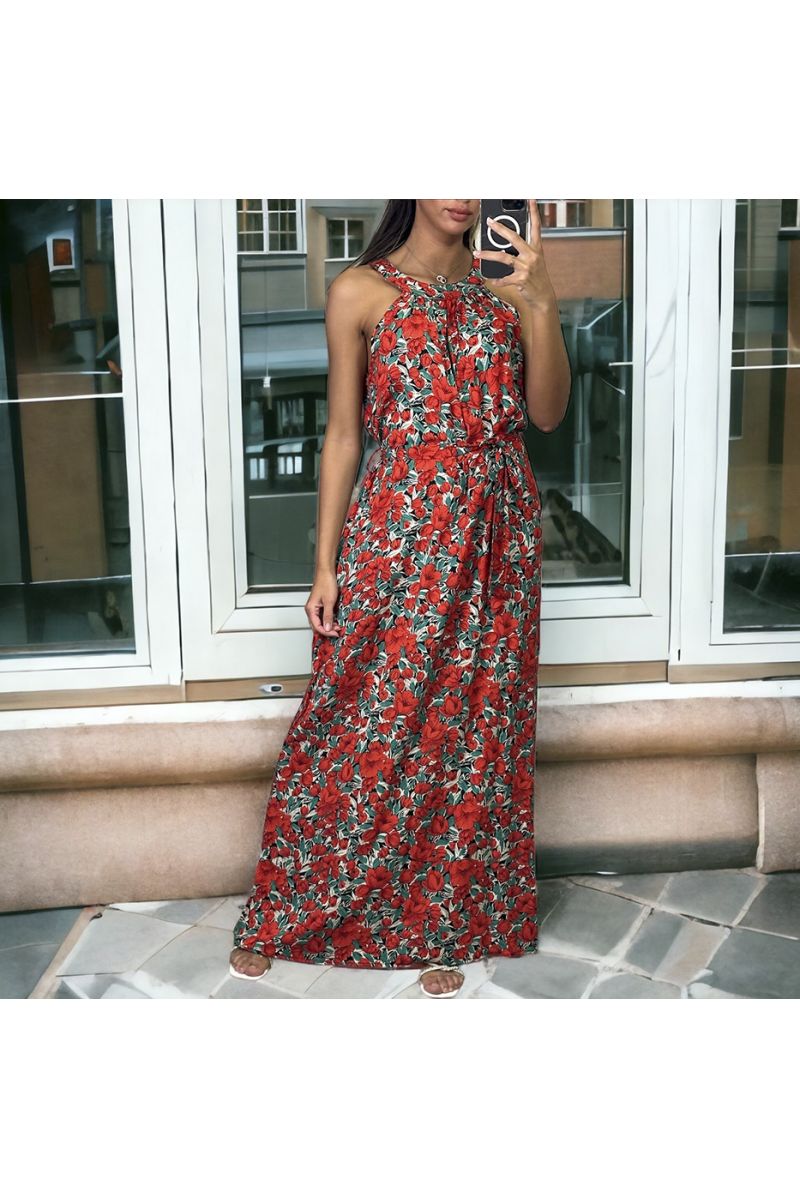Long red floral dress with belt - 2