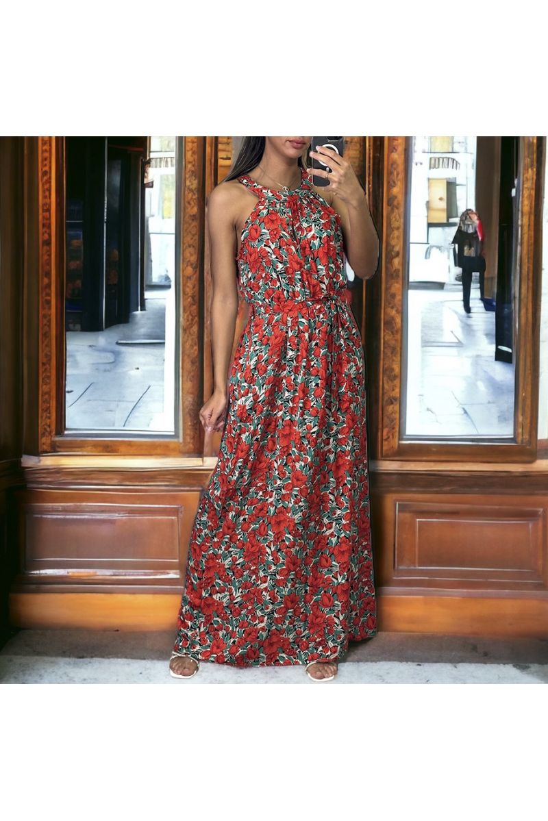 Long red floral dress with belt - 3