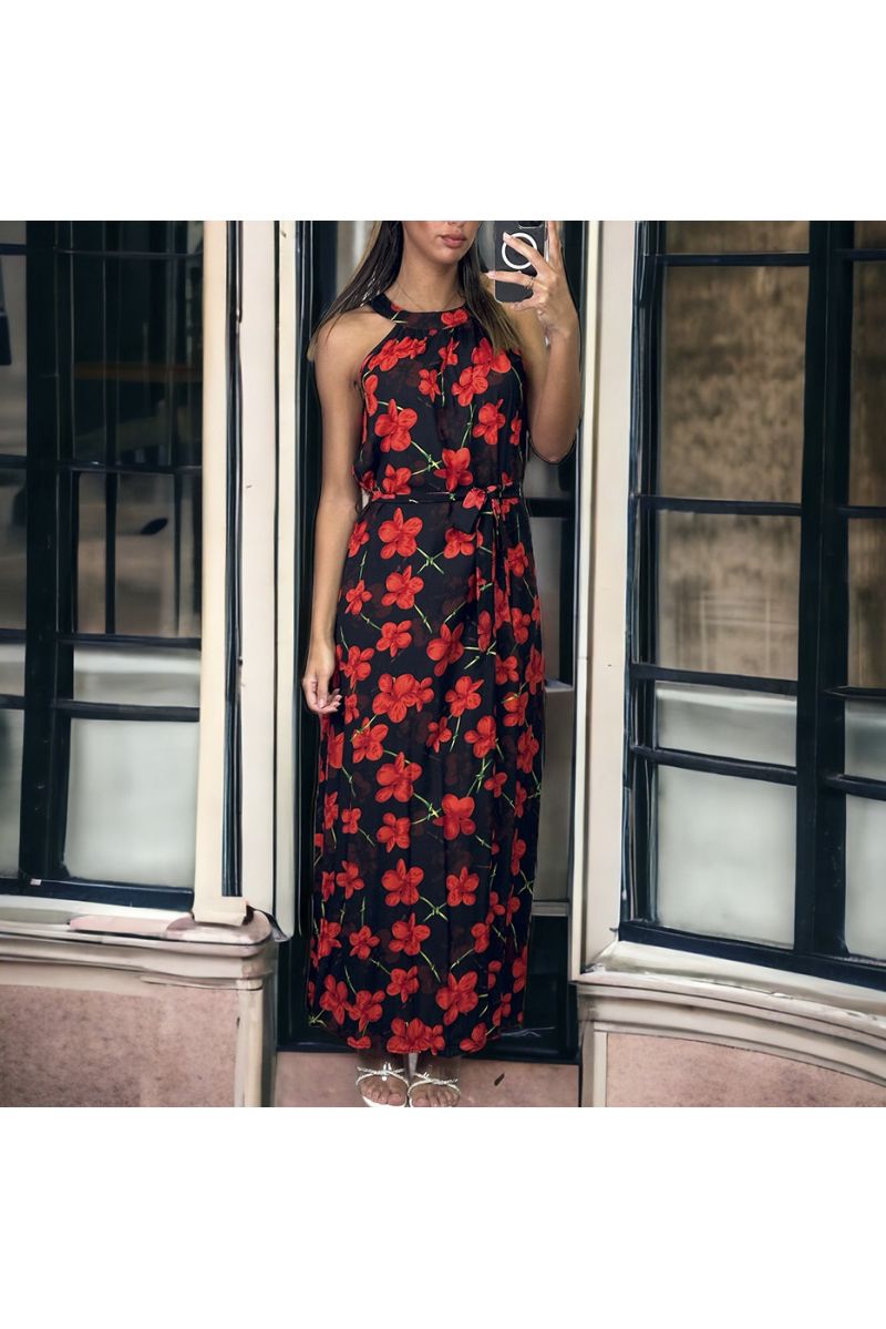 Longue robe noir et rouge motif fleuris avec ceinture  - 1