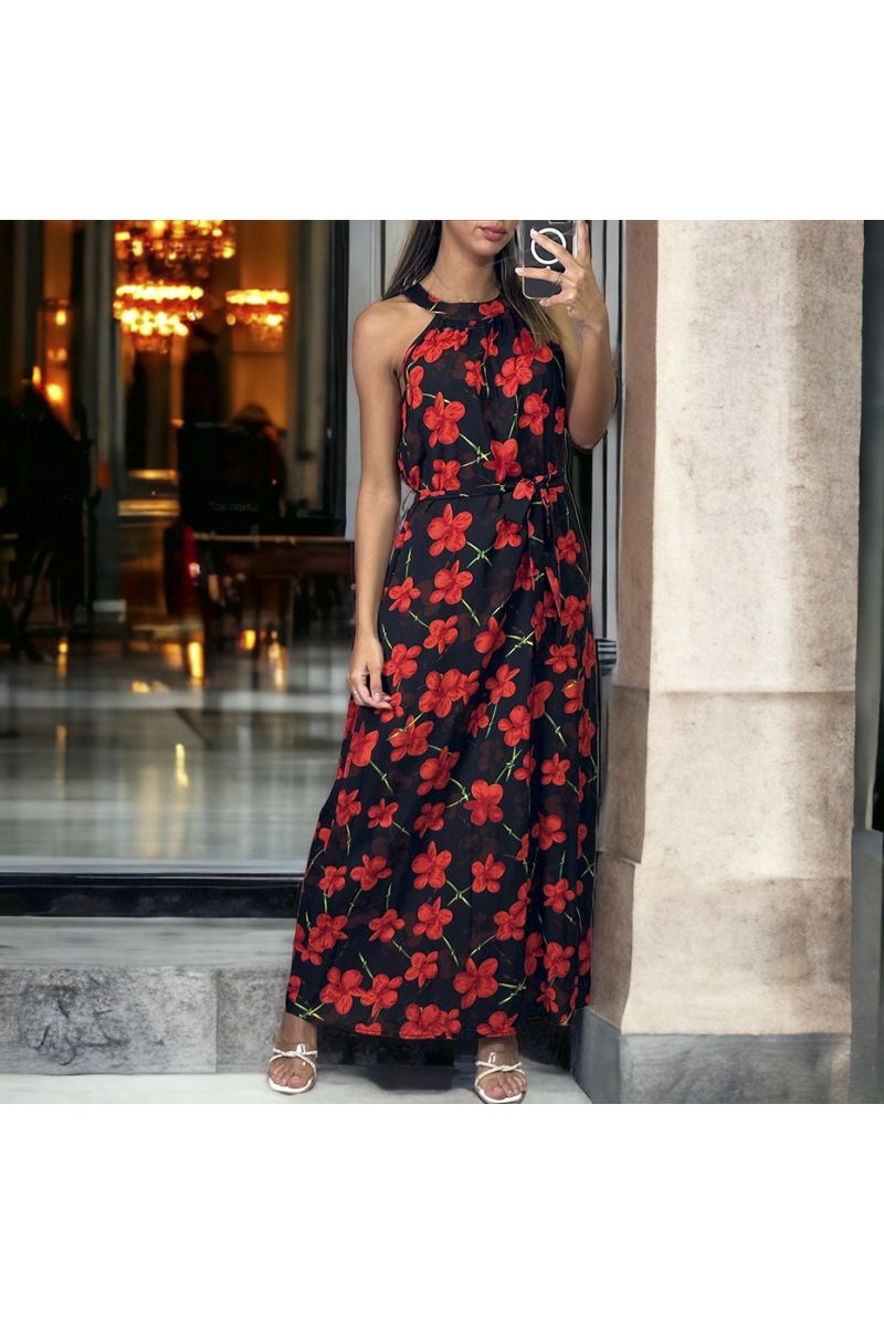 Long black and red floral dress with belt - 3