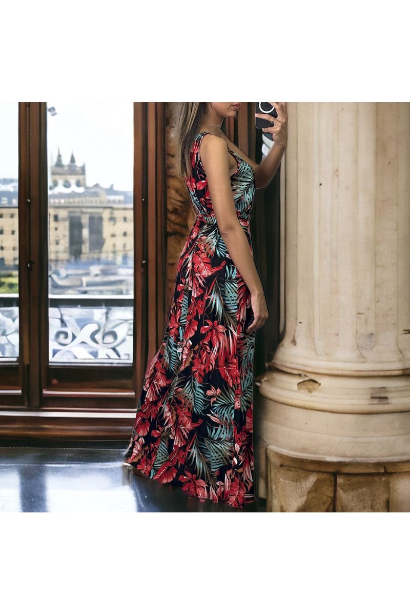 Longue robe feuille noir et rouge avec ceinture - 1