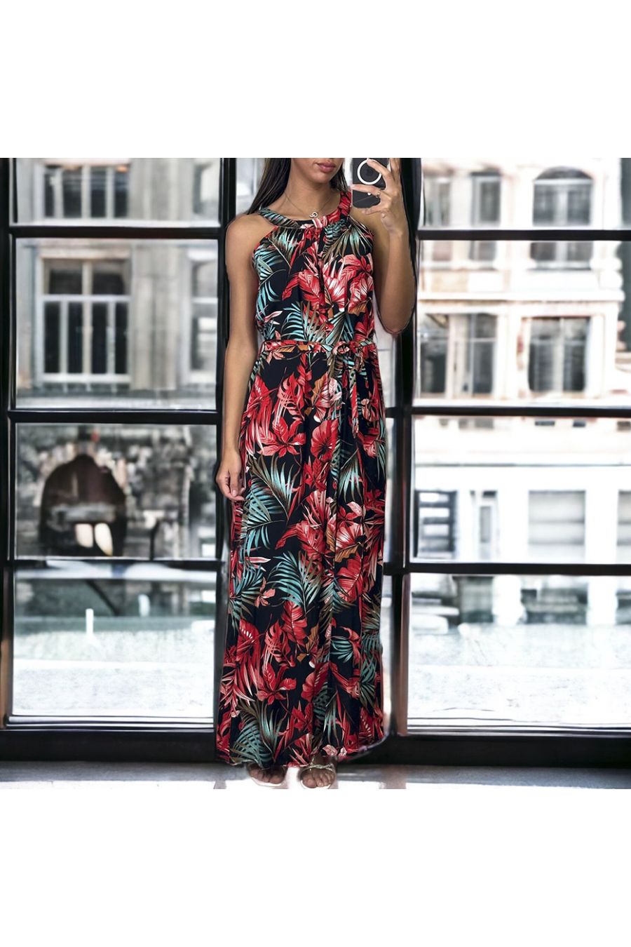 Longue robe feuille noir et rouge avec ceinture - 2