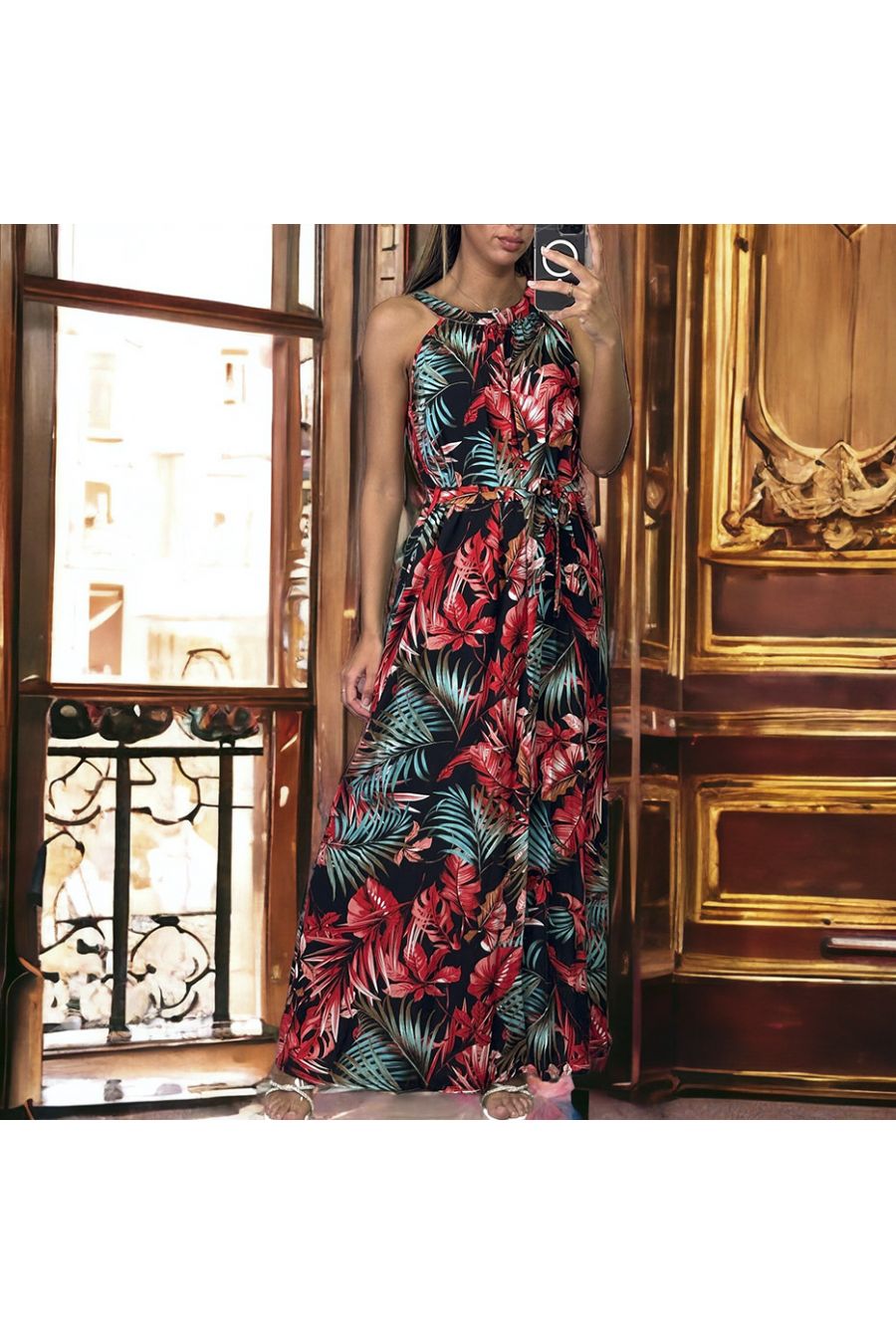 Longue robe feuille noir et rouge avec ceinture - 3