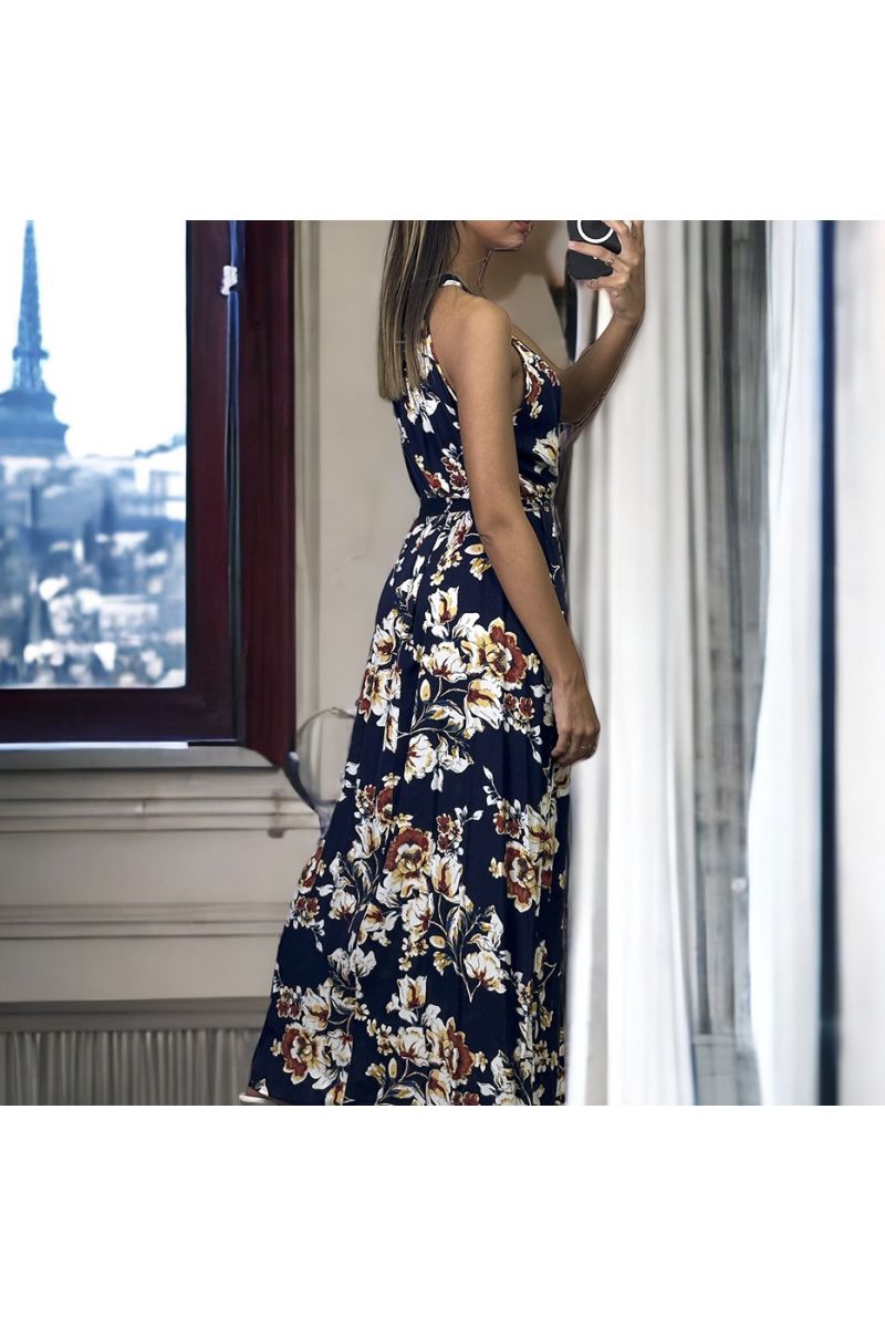 Long navy floral dress with belt - 1