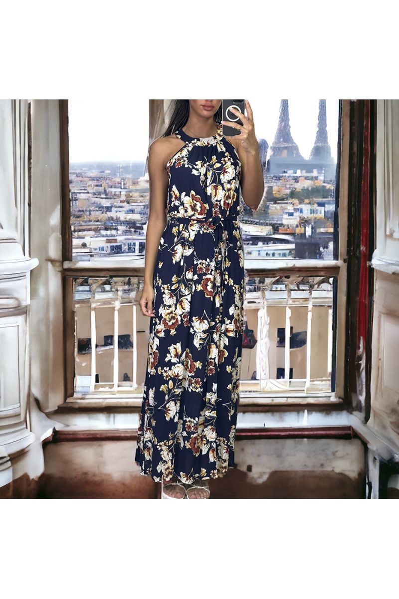 Long navy floral dress with belt - 2