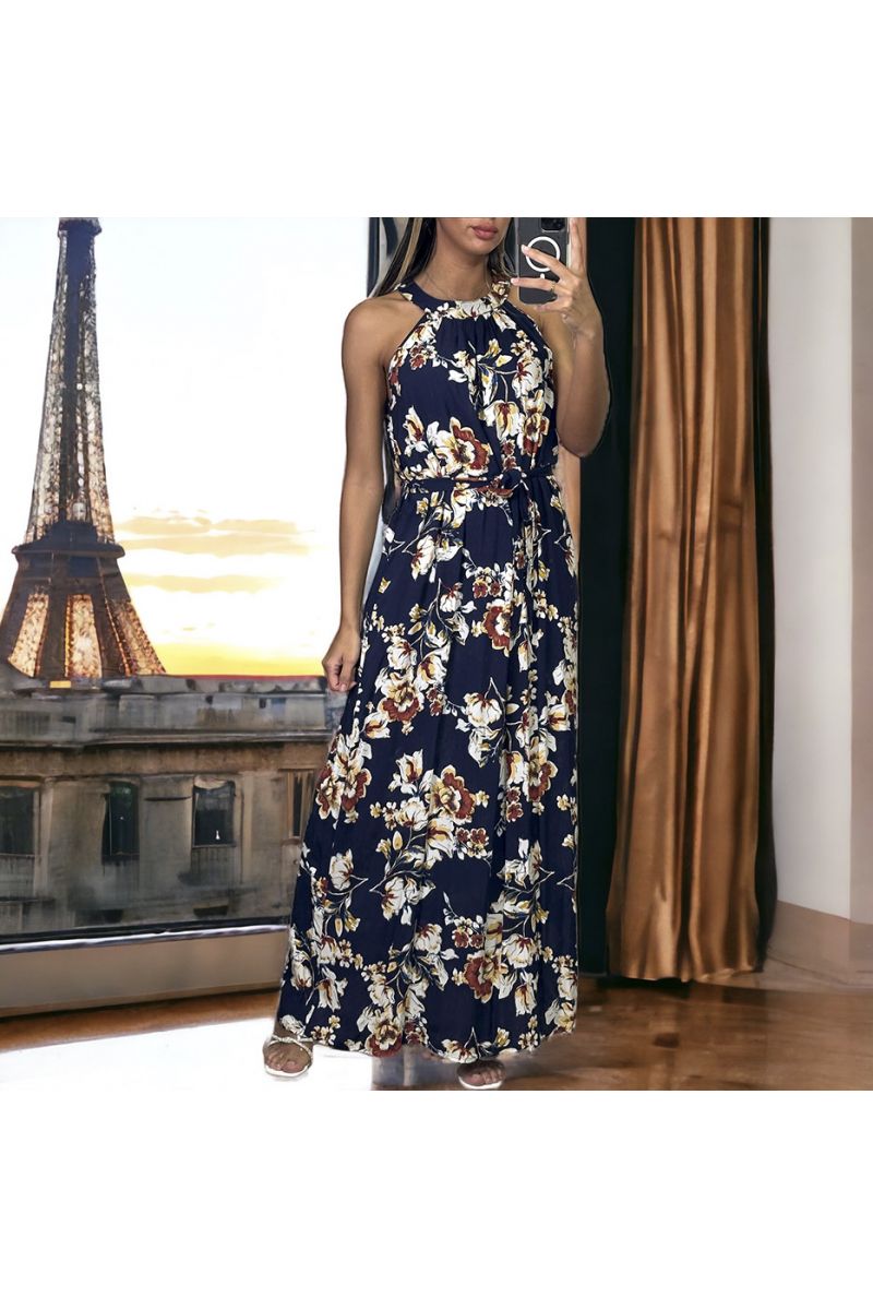 Long navy floral dress with belt - 3