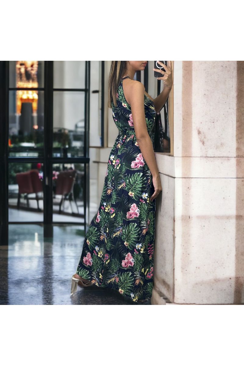 Long navy and green leaf pattern dress with belt - 1