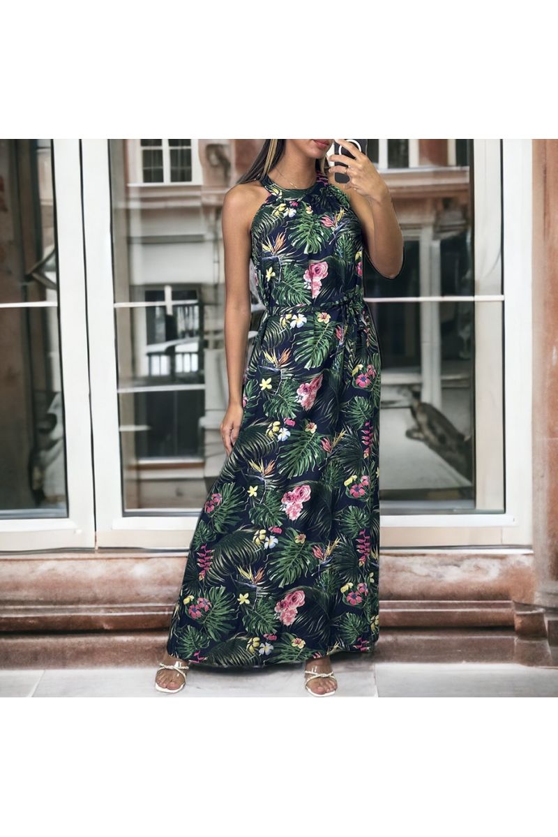 Long navy and green leaf pattern dress with belt - 3