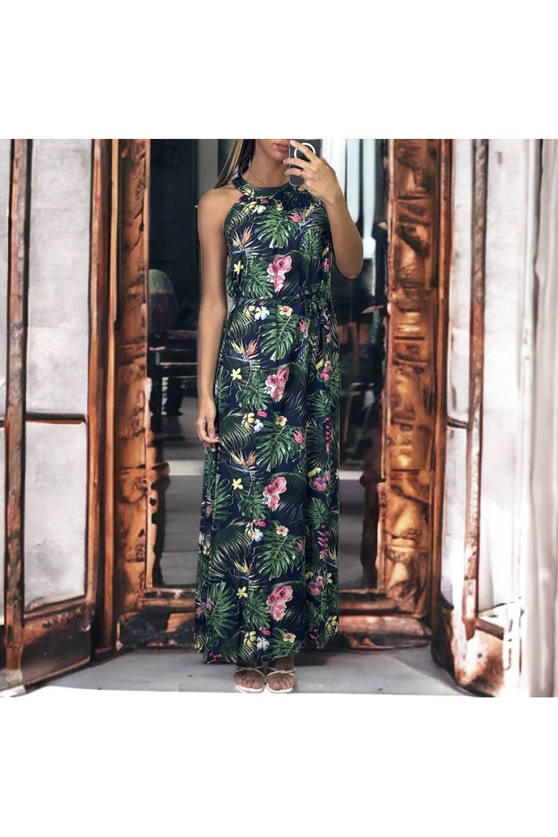 Long navy and green leaf pattern dress with belt - 4
