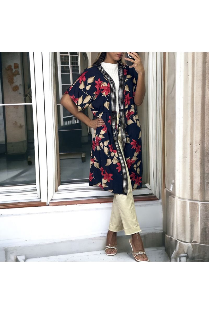 Navy and red floral pattern kimono with short sleeves - 1