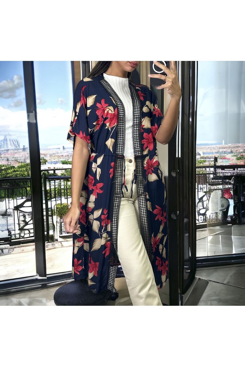 Navy and red floral pattern kimono with short sleeves - 4