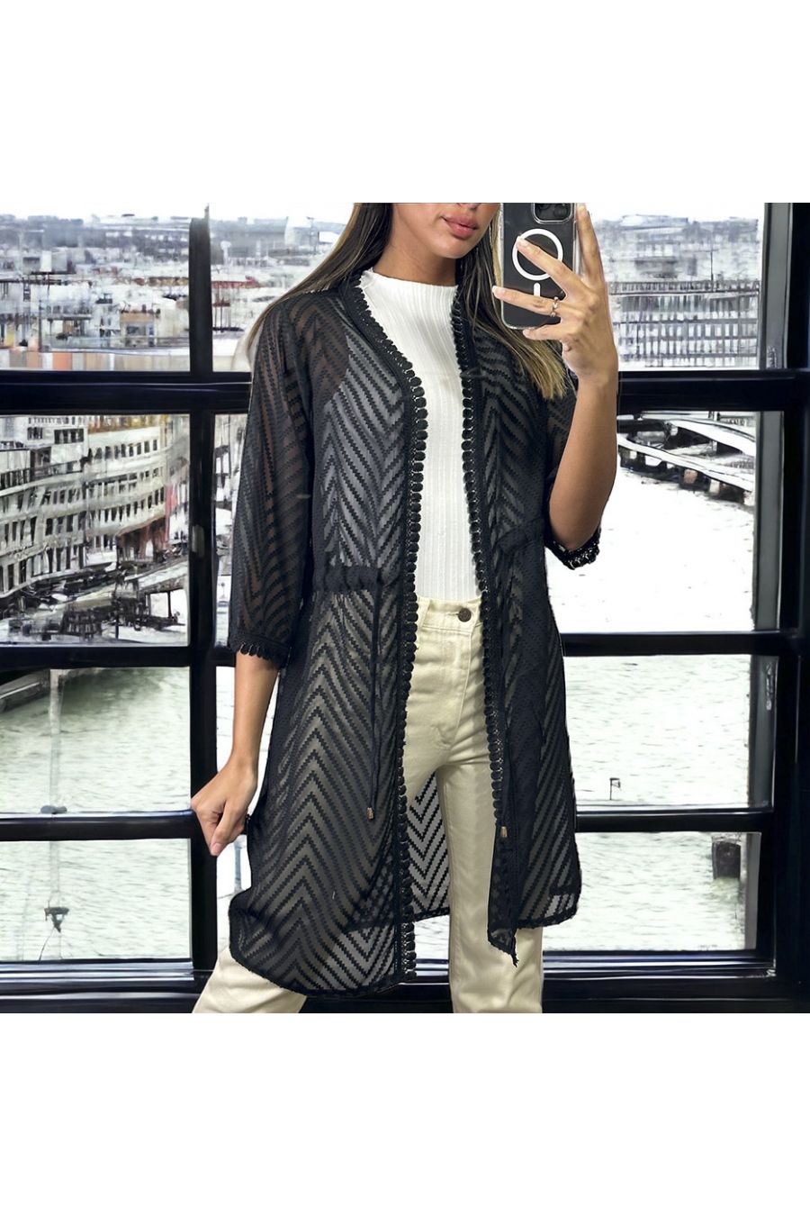 Black embroidered veil kimono adjustable at the waist - 3