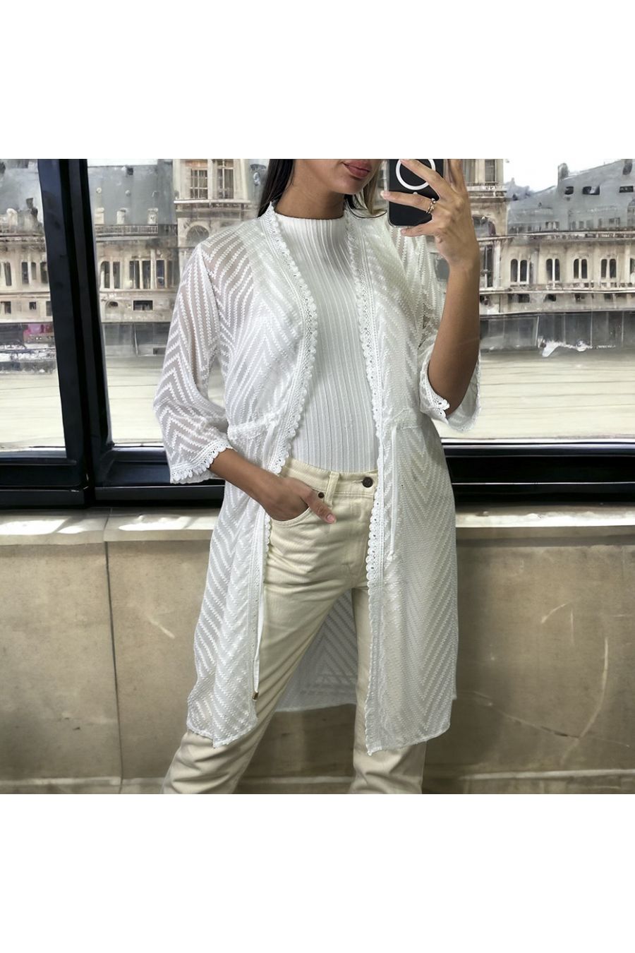 White embroidered veil kimono adjustable at the waist - 1