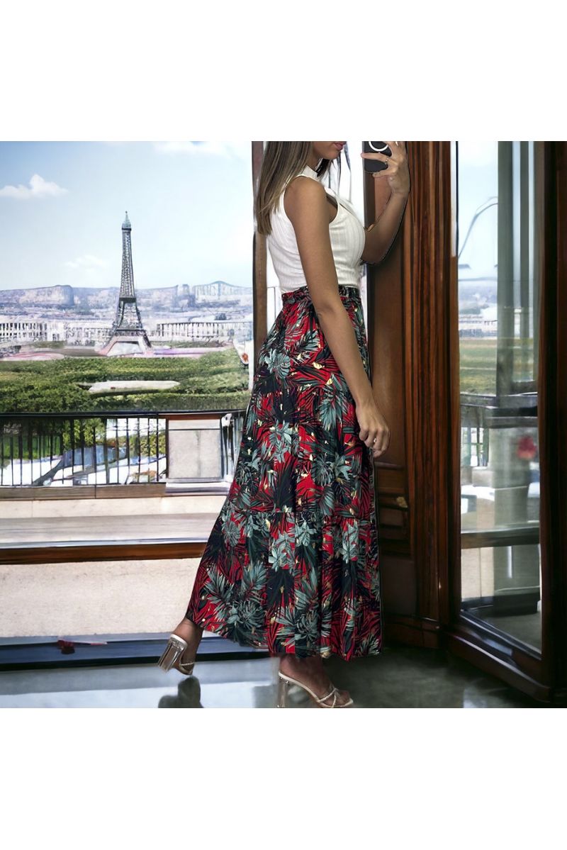 Long red and black flared skirt with leaf pattern - 1