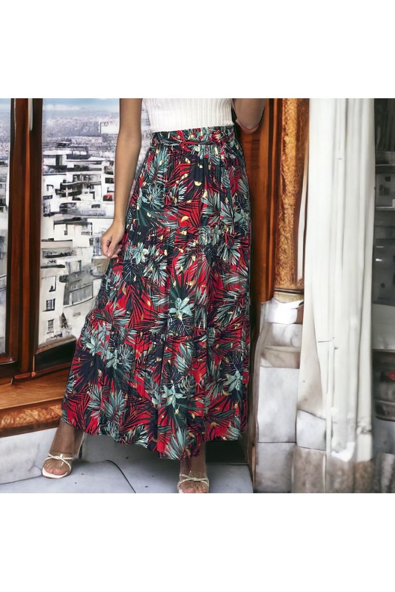 Long red and black flared skirt with leaf pattern - 2