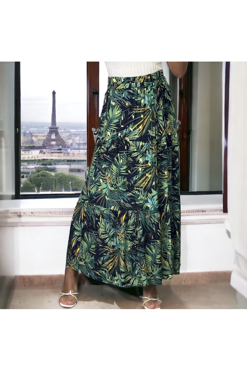 Long mustard and black leaf pattern flared skirt - 2