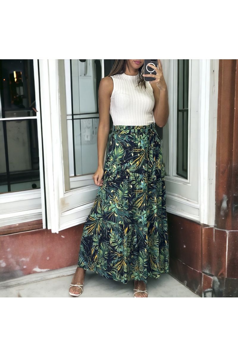 Long mustard and black leaf pattern flared skirt - 3