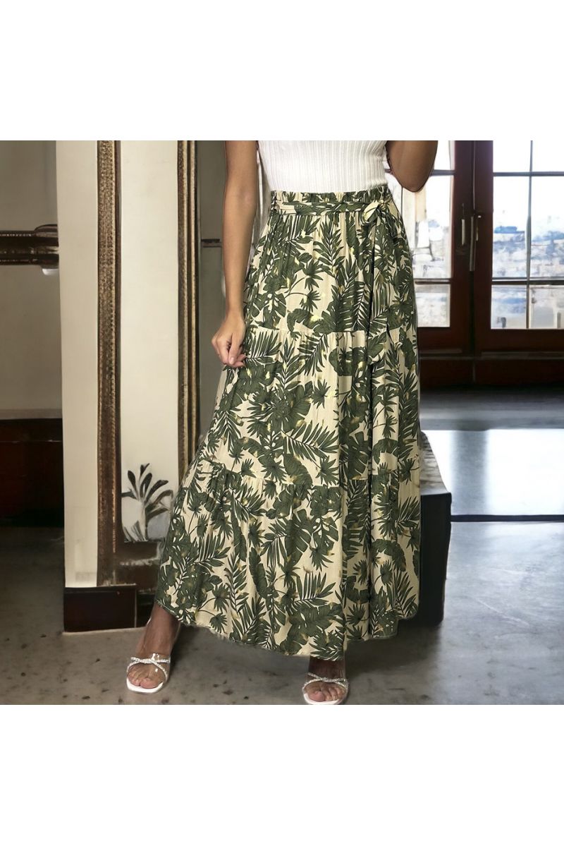 Long flared khaki leaf pattern skirt - 4