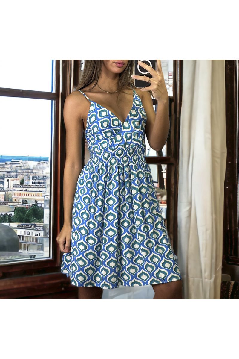 White and blue patterned dress with straps gathered at the waist - 2