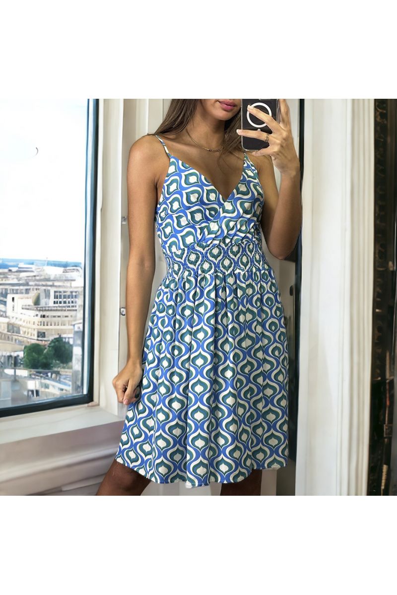 White and blue patterned dress with straps gathered at the waist - 3