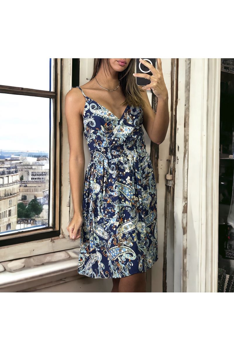 Navy pattern dress with straps gathered at the waist - 2