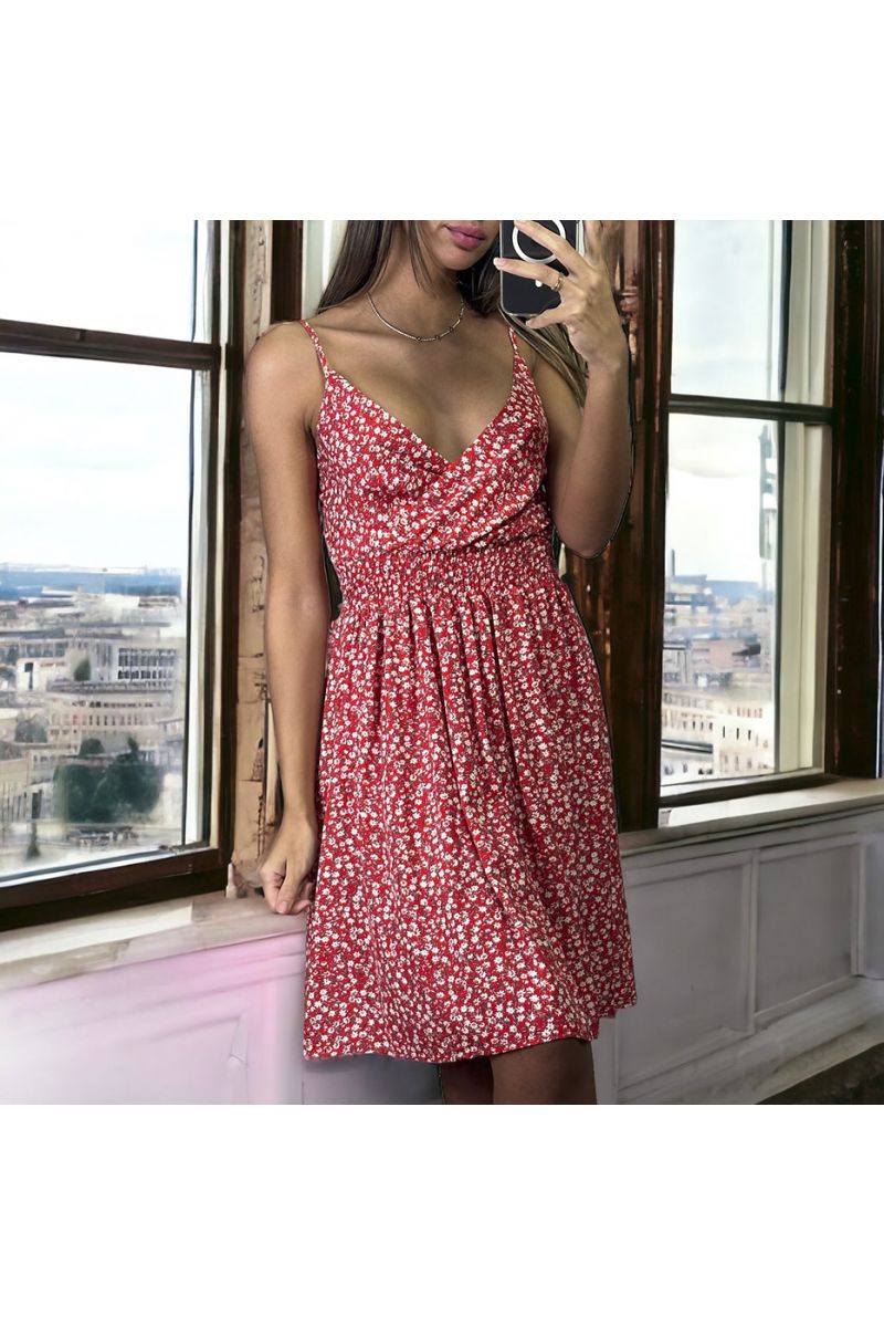 Liberty print red dress with straps gathered at the waist - 2