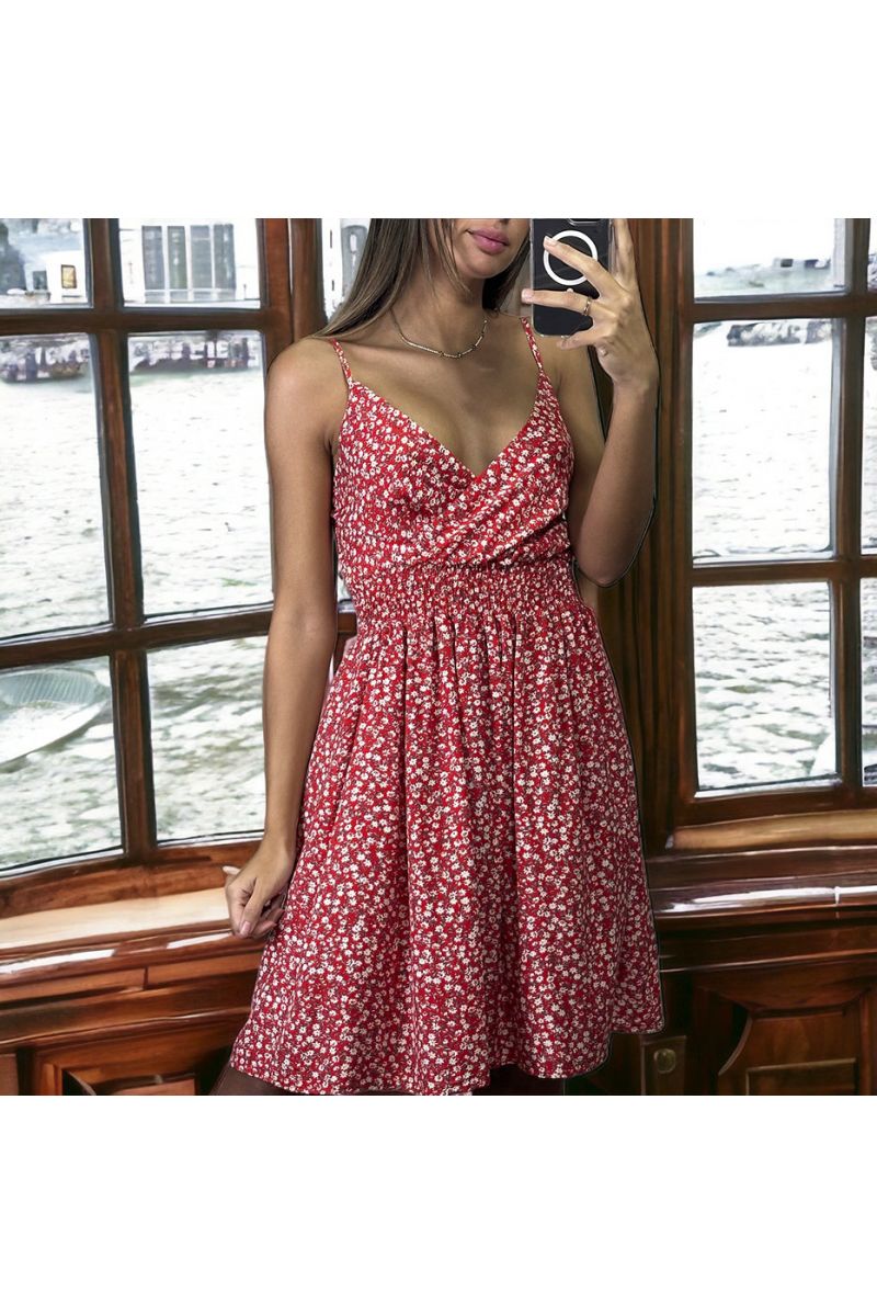 Liberty print red dress with straps gathered at the waist - 3