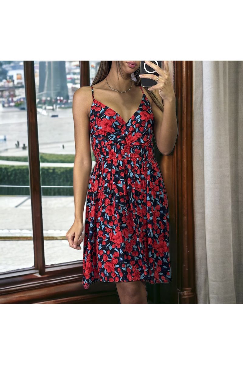 Red floral pattern dress with gathered strap at the waist - 2