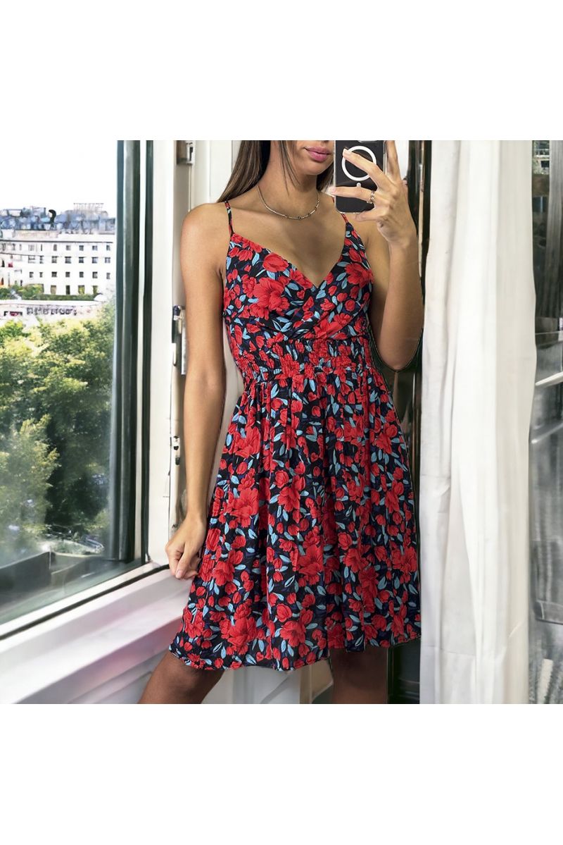 Red floral pattern dress with gathered strap at the waist - 3
